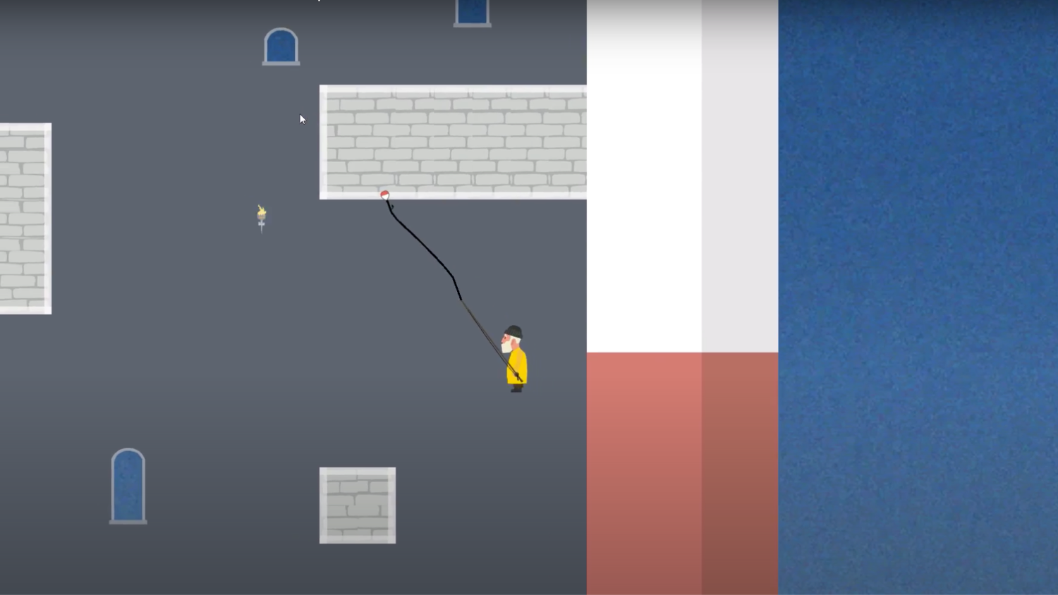 A screenshot from the game, showing the fisherman hanging from his fishing rod inside a tower that looks like a lighthouse. Style is simple, flat, two-dimensional.